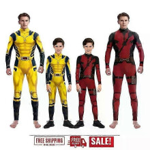 (140, Gelb) Halloween Wolverine Cosplay Deadpool 3 Kostüm Outfit Jumpsuit Erwachsene Kinder