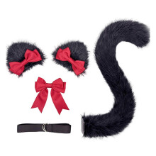 (Negro y rojo) Disfraz de gatita peluda con orejas, cola y pajarita para mujer, ideal para Halloween, Navidad, fiestas de disfraces y cosplay.