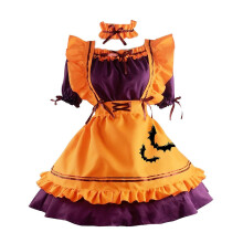 (L, Yellow) Halloween Women Pumpkin Maid Costume Funny Bat Pattern Cosplay Outfit Fancy Anime Lolita Bowknot Apron Dress Uniform Yellow M