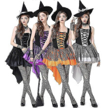 (XS, Black) Witch Costume For Women Sexy Halloween Cosplay Outfits Witch Hat White Lace Wristbands Magician High-low Dress -CNSZ