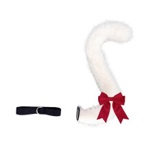 (Cat tail white red) Furry Kitten Ears Catgirl Costume Plush Ears Tail and Bowtie for Women Halloween Christmas Masquerade Cosplay Party