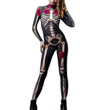 (Black) Womens Halloween Costume Skeleton Print Bodysuit Skinny Catsuit Jumpsuit