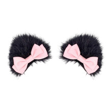(Cat ear black powder) Furry Kitten Ears Catgirl Costume Plush Ears Tail and Bowtie for Women Halloween Christmas Masquerade Cosplay Party