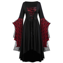 (2XL, Wine) Halloween Costumes Women'S Large Size Sleeve Skull Lace Print Fashion Long Sleeve Bandage Retro Long Dress