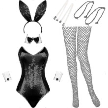 (M, White and Black) Feminine Bunny Costume Bodysuit with Lingerie Detail and Tail for Halloween or Christmas Role Play