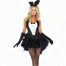 (M, Zwart) Dames 3-delige set met konijnenhandschoenen, hoofdband, smokingjurk, cosplay en Halloweenkostuum