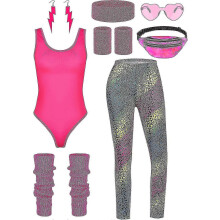 (X-Large, Iridescence) 8 Pieces Women 80s Workout Costume Halloween 90s Outfit Accessories Set Leotard Bum Bag Glasses Headband Leg Warmers