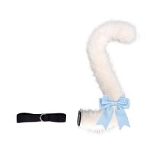 (Cat tail white blue) Furry Kitten Ears Catgirl Costume Plush Ears Tail and Bowtie for Women Halloween Christmas Masquerade Cosplay Party