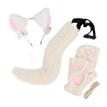 (White) 3Pcs Halloween Cats Costume Accessories Includes Headband, Tail, Gloves, Animal Dress up Costume for Girl Cosplay Black