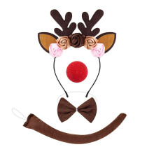 (Four pieces of flora) 1/3/4/5Pcs Reindeer Costume for Kids Reindeer Ears Headband Tail Bowtie Tail Nose Tutu Skirt Animal Cosplay Accessories