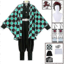 (100, 8-teiliges Set) Demon Slayer Kimetsu No Yaiba Tanjirou Kamado Cosplay Kostüm Kimono Halloween Anime Uniform Set für Erwachsene und Kinder SZZK