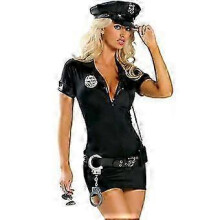 (L, Thor) 4-teiliges neues Damen-Polizei-Kostüm: Kleid + Hut + Gürtel + Handschellen – Halloween-Outfit