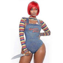 (2XL, Juego completo) Disfraz de Chucky para cosplay, body sexy estampado, disfraz de Halloween para carnaval, para mujer - FKB