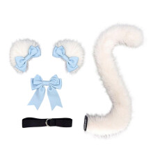 (Whit blue and whit) Furry Kitten Ears Catgirl Costume Plush Ears Tail and Bowtie for Women Halloween Christmas Masquerade Cosplay Party