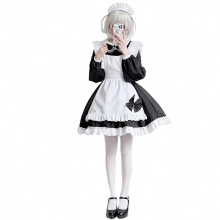 (S, Zwart) Anime dienstmeisjeskostuumset met schort, jurk, hoofddeksel en vlinderdas voor Halloween cosplay, zwart, XXXL