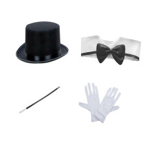 (4 pieces set A) Adult Magician RolePlay Cosplay Costume Outfit Set Halloween Magician Dress Up Top Hat Magic Magic Wand White Gloves