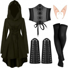 (Medium, Armeegrün) 5-teiliges mittelalterliches Feenkostüm-Set mit Kapuzenrobe und Elfenohren für Halloween-Cosplay