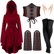 (Klein, Rood) 5-delige middeleeuwse feeënkostuumset met capuchonmantel en elfenoren voor Halloween-cosplay