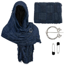 (Eén maat, Blauw) Middeleeuwse capuchonsjaal, renaissance kap, woestijnsjaal, broche, paperclip, Viking halve cape, duin Halloweenkostuum