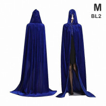 (M, Blauw) Halloween heksenkostuum met fluwelen cape met capuchon en lange mantel voor middeleeuwse vampier-cosplay