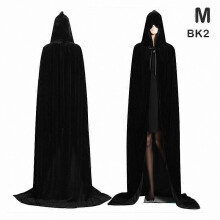 (M, Nero) Costume da strega di Halloween con mantello con cappuccio in velluto e lunga tunica per cosplay da vampiro medievale
