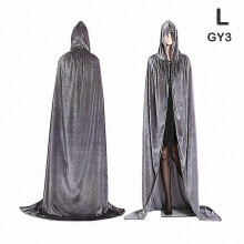 (L, Grigio) Costume da strega di Halloween con mantello con cappuccio in velluto e lunga tunica per cosplay da vampiro medievale