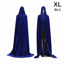 (XL, Blu) Costume da strega di Halloween con mantello con cappuccio in velluto e lunga tunica per cosplay da vampiro medievale