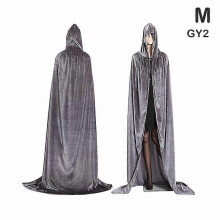 (M, Grijs) Halloween heksenkostuum met fluwelen cape met capuchon en lange mantel voor middeleeuwse vampier-cosplay