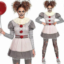(L, Weiß) Lustiges Halloween-Kleid für Damen – Lässiges Clownskostüm mit langen Ärmeln und gruseligem Touch