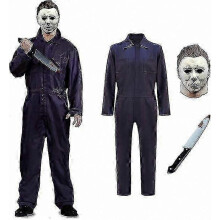 (L) Halloween-Overall für Erwachsene mit Maske und Requisitenmesser für gruselige Kostüm-Rollenspiele