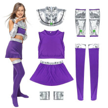 (M, LILA) Starfire Kostüm für Damen, Halloween Cosplay Outfit für Mädchen, Superheldenanzug, Koriandr Kleid, Oberteil, Handschuhe, Accessoires