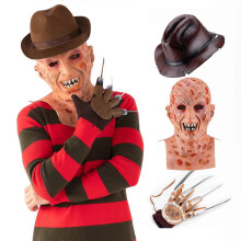 (M, Rot) Gruseliges Halloween-Krimi-Kostüm für Herren: Rot gestreifter Pullover, gruselige Maske, Stahlklauenhandschuh, Cowboyhut (Erwachsene)