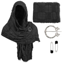 (Eén maat, zwart) Middeleeuwse capuchonsjaal, renaissance kap, woestijnsjaal, broche, paperclip, Viking halve cape, duin Halloweenkostuum