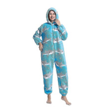 (S, Blauwe haai) Jumpsuit met dierenprint voor dames, fleece pyjama voor volwassenen, Halloween cosplay kostuum met dierenprint