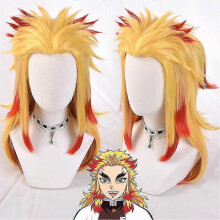 (S, Outfits with Wig) Demon Slayer Rengoku Kyoujurou Cosplay Party Costume Outfits Halloween Party Anime Set Gifts