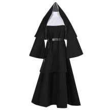 (M) Halloween-Nonnen-Cosplay-Kostüm, 4-teiliges Set: Nonnenkostüm + Umhang + Gürtel + Halskette – Größe XXXL – FKB