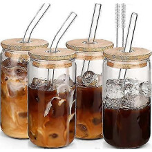 16oz Glass Cups With Lids and Straws 4pc Iced Coffee Beer Can Glassware Set for Bar