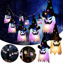 Halloween Hanging Ghost LED Lights Set Glowing Horror Props Witch Hat Lamp Decoration