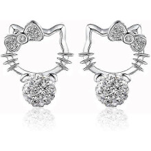 Cute Kitty Cat Round CZ Stud Earrings Sparkling Silver Plated Ball Design