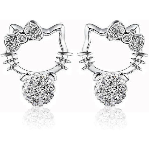 Cute Kitty Cat Round CZ Stud Earrings Sparkling Silver Plated Ball Design