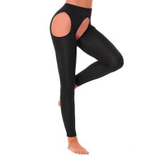 Women Ice Silk Crotchless Thigh High Stockings High Waist Suspenders Tights Hollow Out Footed Pantyhose Leggings