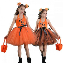 (L(6-7Y), A) Pompoenkostuum voor meisjes: jurk van tule met ruches, tiara en tas, Halloween cosplaykostuum