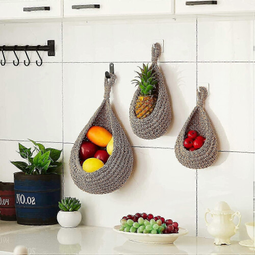 Natural Jute Hanging Wall Basket for Fruit Vegetable Storage Boho Rustic Kitchen 1