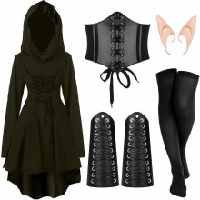 (Pequeño, Verde militar) Conjunto de disfraz de hada medieval de 5 piezas con túnica con capucha y orejas de elfo para cosplay de Halloween.