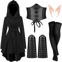 (XX-Grande, Negro) Conjunto de disfraz de hada medieval de 5 piezas con túnica con capucha y orejas de elfo para cosplay de Halloween.