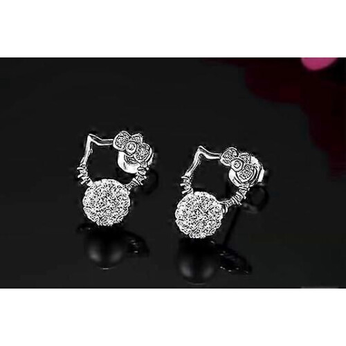 Cute Kitty Cat Round CZ Stud Earrings Sparkling Silver Plated Ball Design 2