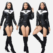 (M, zwart) Halloween nonnenkostuum van PU-leer, punk nonnenoutfit, cosplay uniformjurk met hoofddoek.