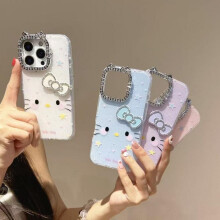 (Blue, iPhone16) IMD Rhinestone Border Cute Cat 3D Bow Design, for iPhone 15/14 All Series, Durable Shockproof Protective Cover