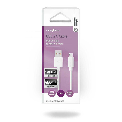 USB kabel | USB 2.0 | USB-A samec | USB Micro-B samec | 480 Mbps | Poniklovaný | 2,00 m | Kulatý | PVC | Bílá | Box 2