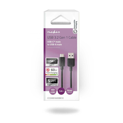 USB kabel | USB 3.2 Gen 1 | USB-A samec | USB-C samec | 60 W | 5 Gbps | Niklovaný | 1,00 m | Kulatý | PVC | Černá | Box 2